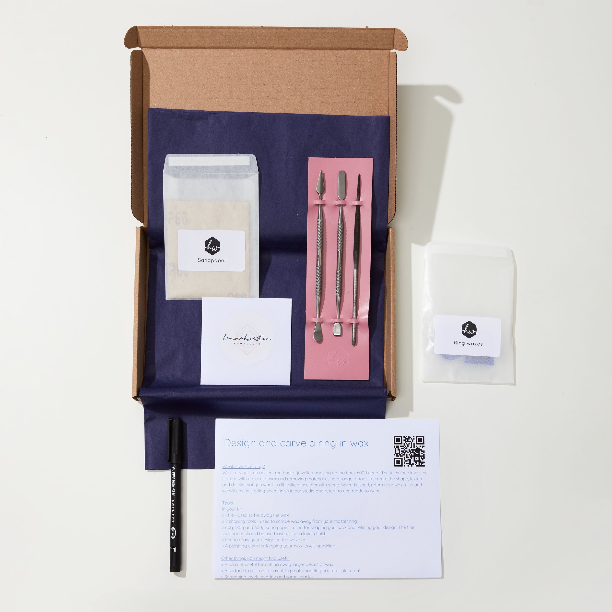 Ring-making kit with tools, materials, and instructions on a white background