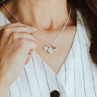 Person wearing a necklace with pheonix, initial and birthstone pendants against a neutral background