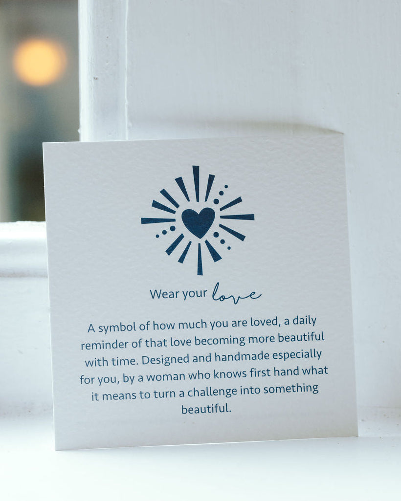 Card with a heart design and text on a white surface