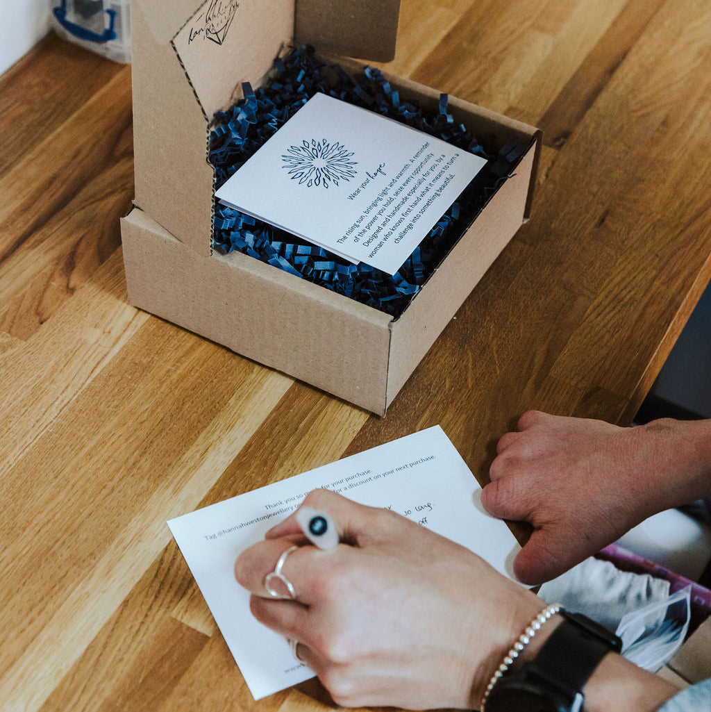 Woman writing a message on a postcard with a black pen next to a box.