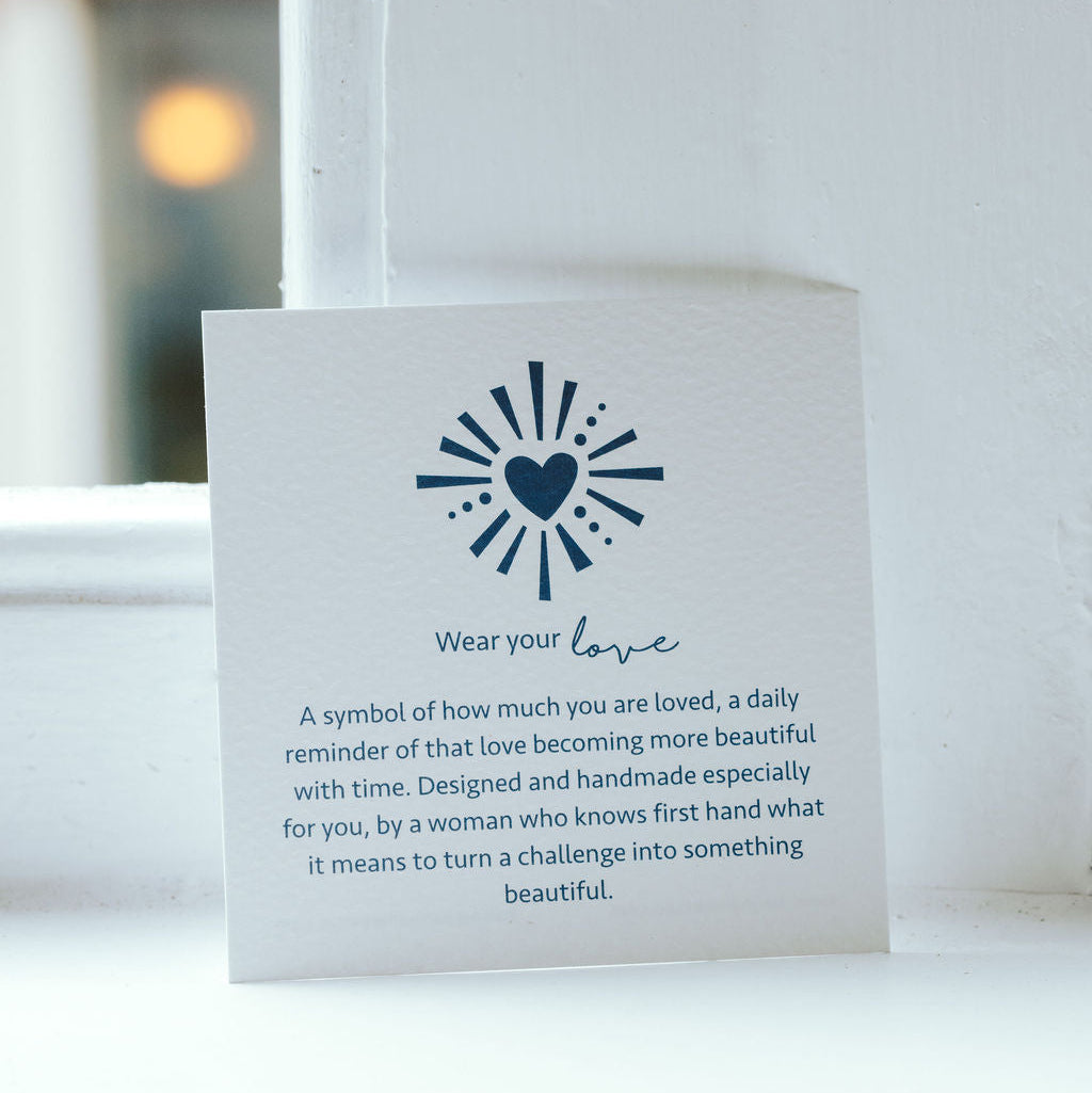Card with a heart design and text on a white surface